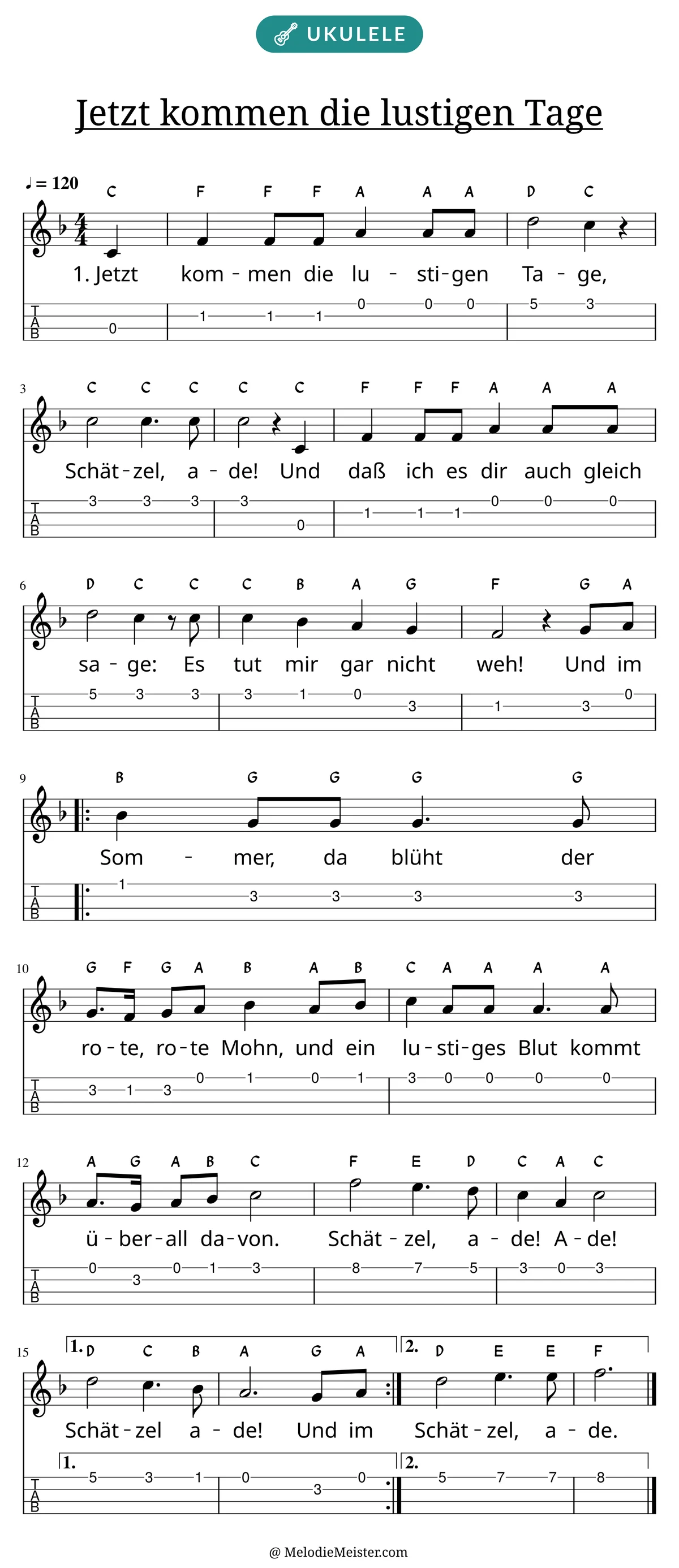 Notenblatt „Jetzt kommen die lustigen Tage“ für Ukulele: Melodie mit Buchstaben über den Noten, darunter der Liedtext der 1. Strophe und die Ukulele-Tabulatur mit Bundzahlen.