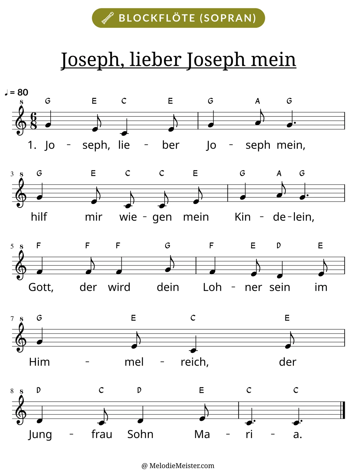 Notenblatt „Joseph, lieber Joseph mein“ für Blockflöte: Melodie mit Buchstaben über den Noten, darunter der Liedtext der 1. Strophe.