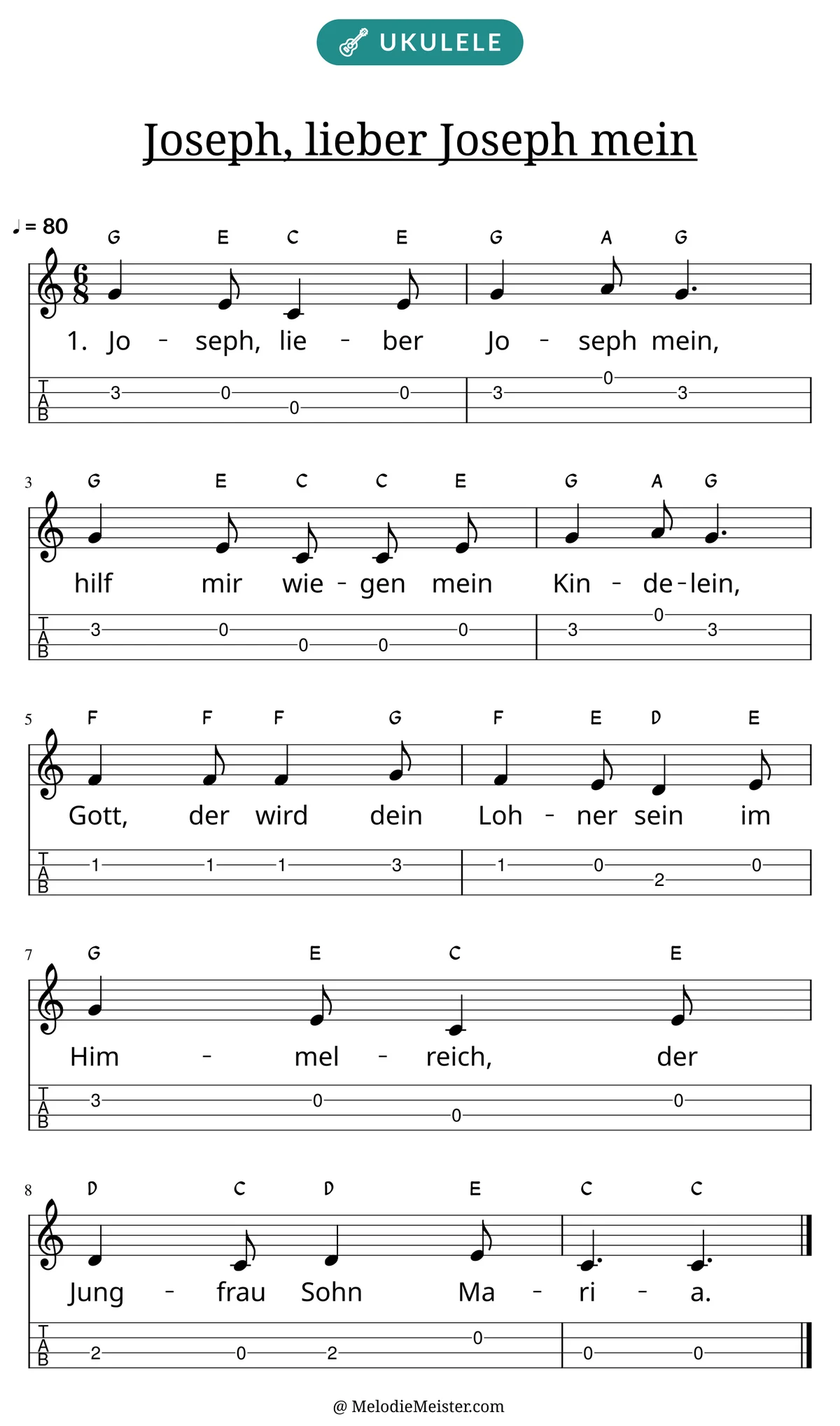 Notenblatt „Joseph, lieber Joseph mein“ für Ukulele: Melodie mit Buchstaben über den Noten, darunter der Liedtext der 1. Strophe und die Ukulele-Tabulatur mit Bundzahlen.