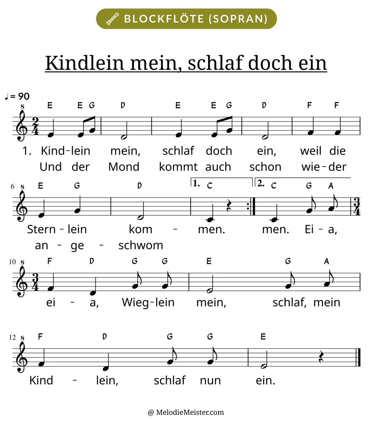 Notenblatt „Kindlein mein, schlaf doch ein“ für Blockflöte: Melodie mit Buchstaben über den Noten, darunter der Liedtext der ersten beiden Strophen.