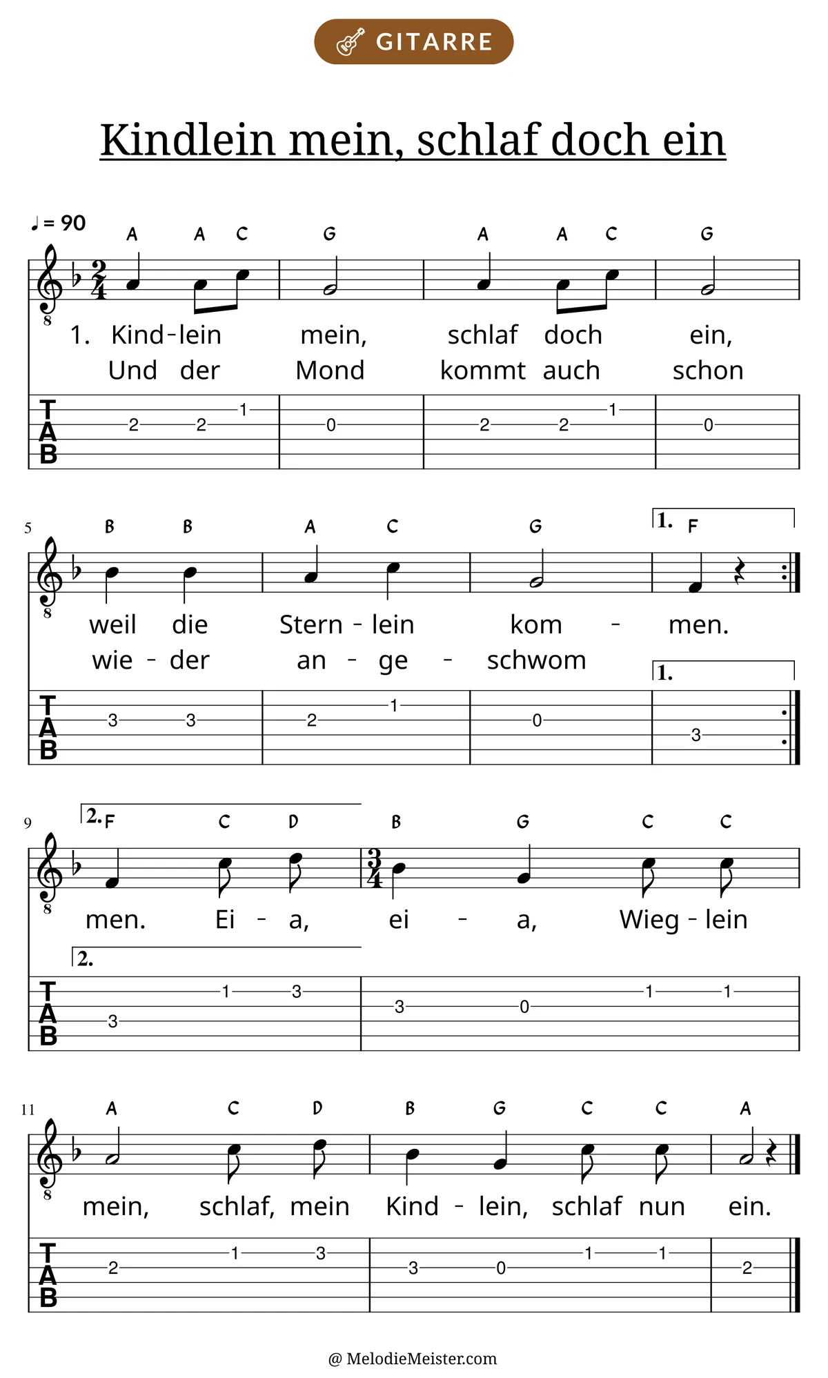 Notenblatt „Kindlein mein, schlaf doch ein“ für Gitarre: Melodie mit Buchstaben über den Noten, darunter der Liedtext der ersten beiden Strophen und die Gitarren-Tabulatur mit Bundzahlen.
