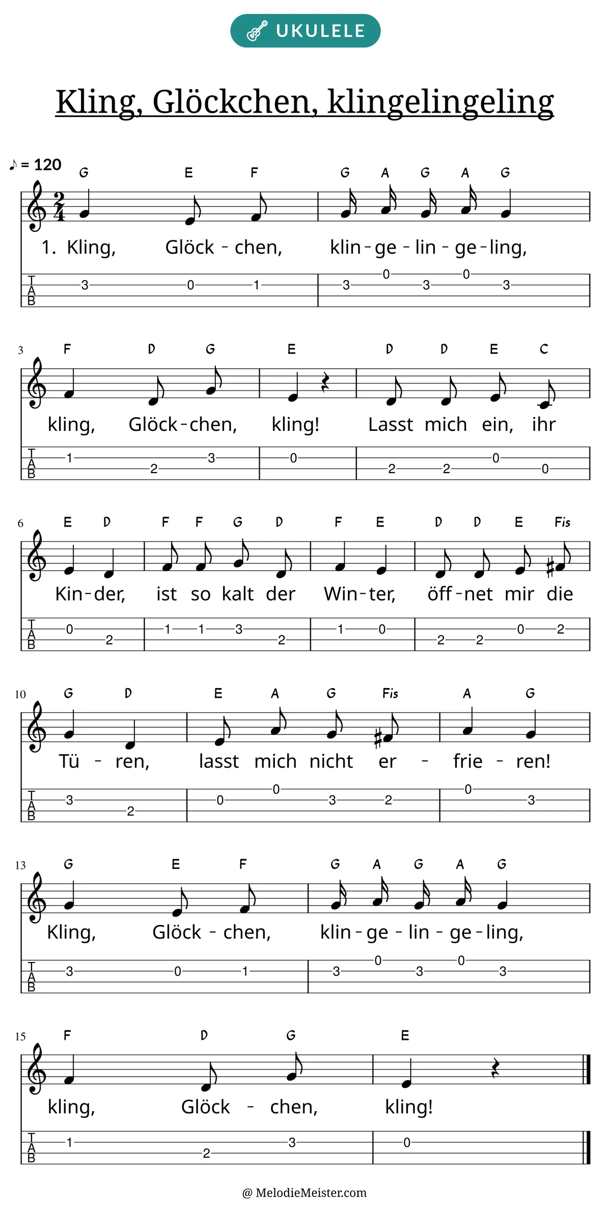 Notenblatt „Kling, Glöckchen, klingelingeling“ für Ukulele: Melodie mit Buchstaben über den Noten, darunter der Liedtext der 1. Strophe und die Ukulele-Tabulatur mit Bundzahlen.
