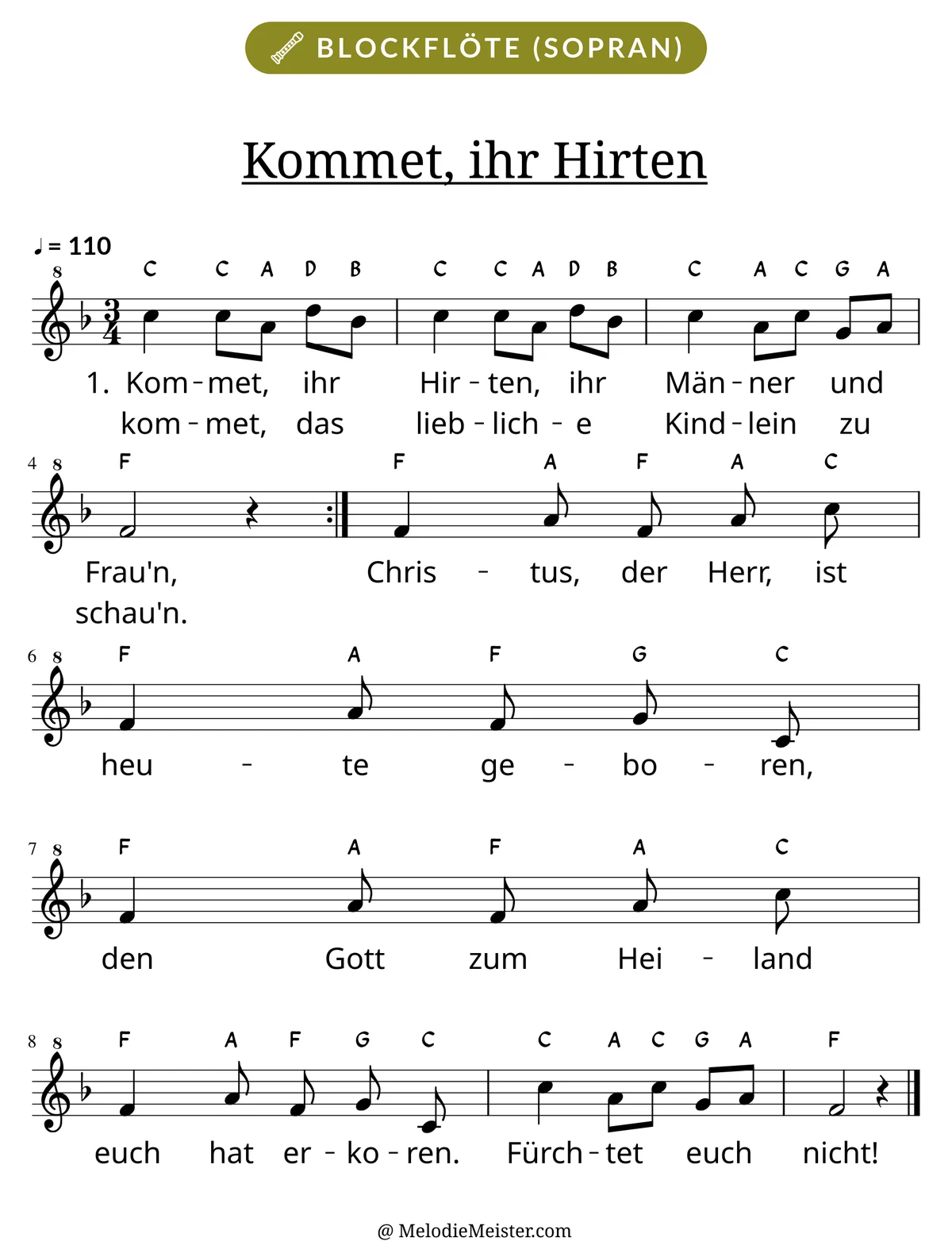 Notenblatt „Kommet, ihr Hirten“ für Blockflöte: Melodie mit Buchstaben über den Noten, darunter der Liedtext der ersten beiden Strophen.