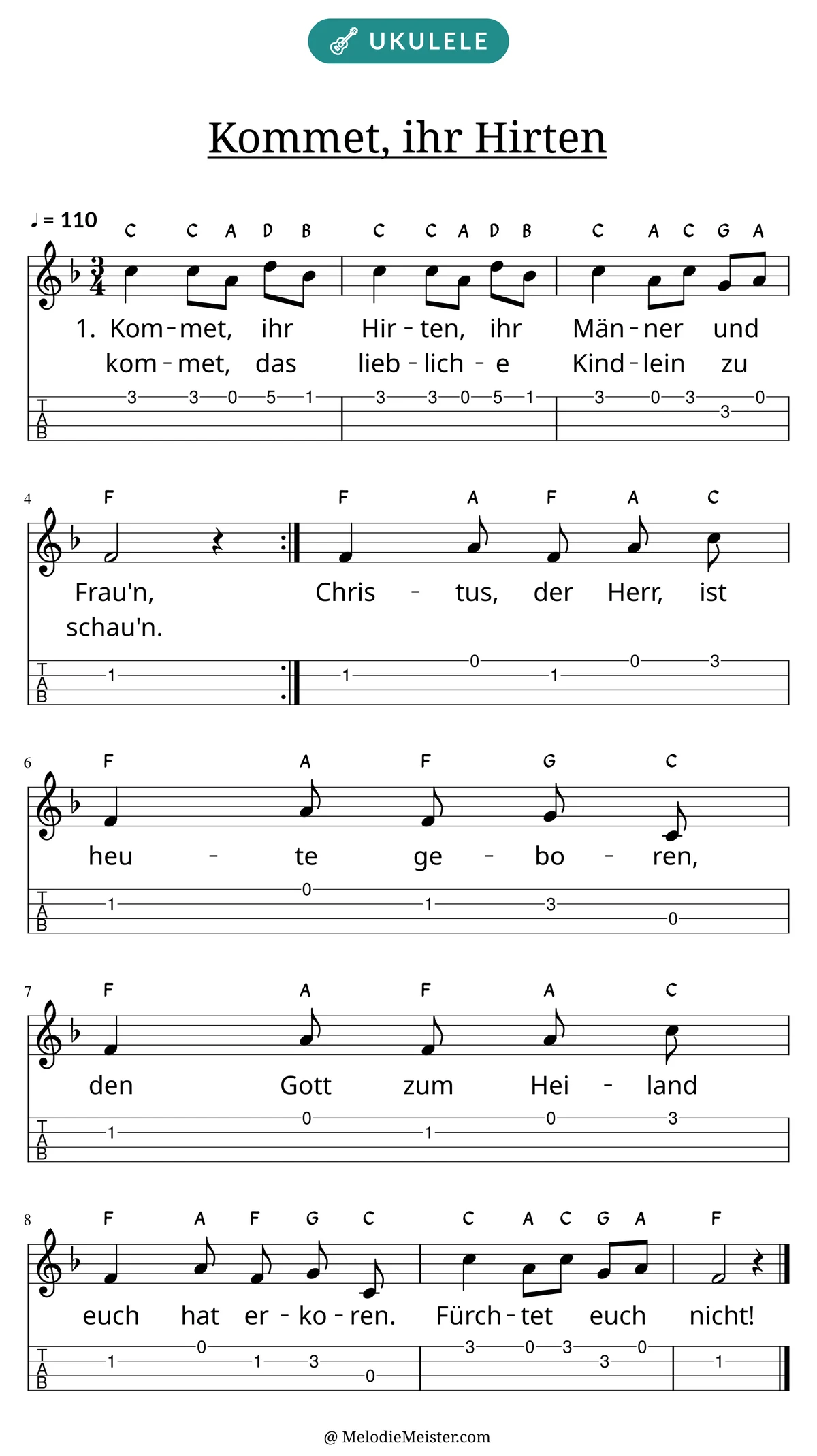 Notenblatt „Kommet, ihr Hirten“ für Ukulele: Melodie mit Buchstaben über den Noten, darunter der Liedtext der ersten beiden Strophen und die Ukulele-Tabulatur mit Bundzahlen.