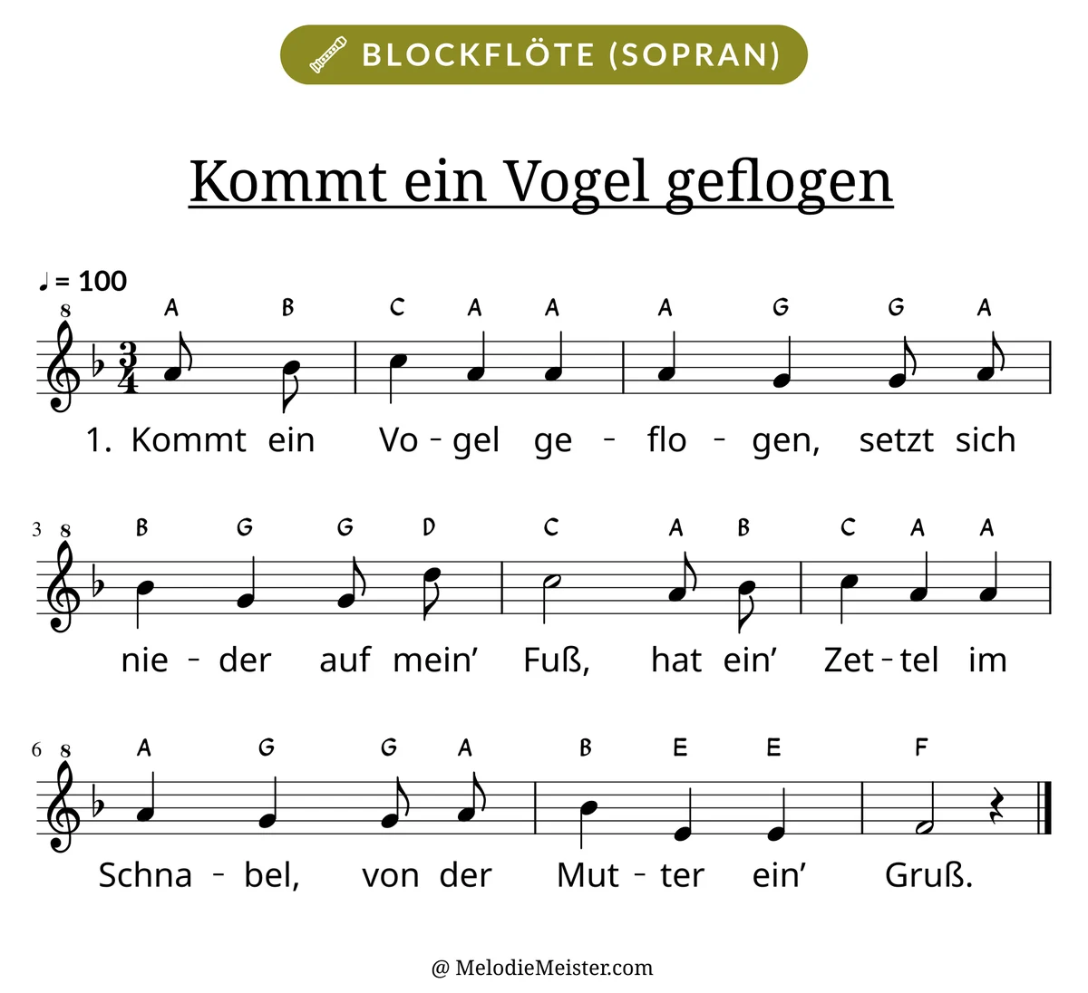 Notenblatt „Kommt ein Vogel geflogen“ für Blockflöte: Melodie mit Buchstaben über den Noten, darunter der Liedtext der 1. Strophe.