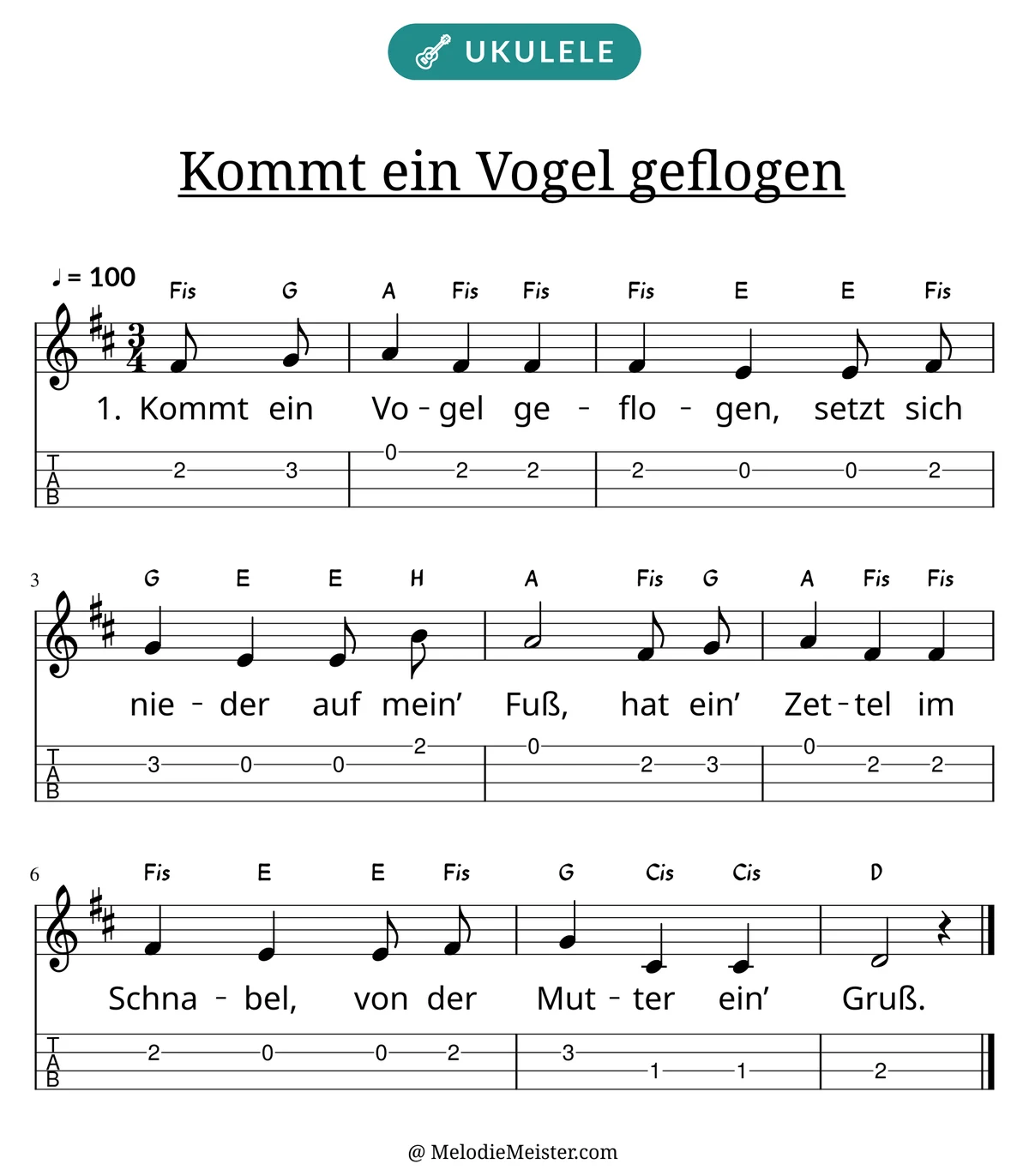 Notenblatt „Kommt ein Vogel geflogen“ für Ukulele: Melodie mit Buchstaben über den Noten, darunter der Liedtext der 1. Strophe und die Ukulele-Tabulatur mit Bundzahlen.