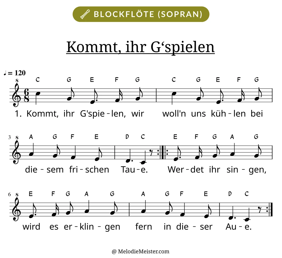 Notenblatt „Kommt, ihr G‘spielen“ für Blockflöte: Melodie mit Buchstaben über den Noten, darunter der Liedtext der 1. Strophe.