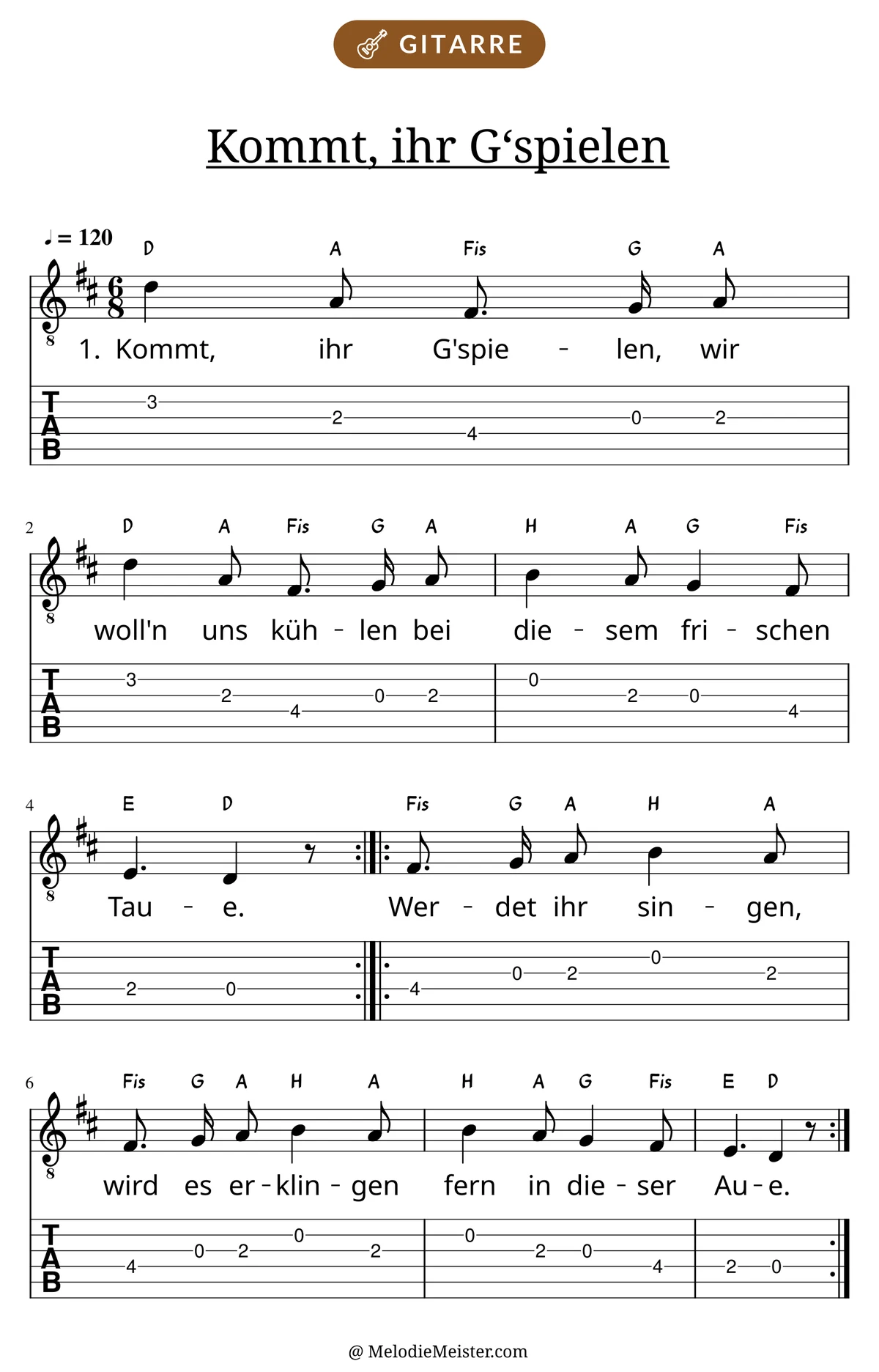 Notenblatt „Kommt, ihr G‘spielen“ für Gitarre: Melodie mit Buchstaben über den Noten, darunter der Liedtext der 1. Strophe und die Gitarren-Tabulatur mit Bundzahlen.