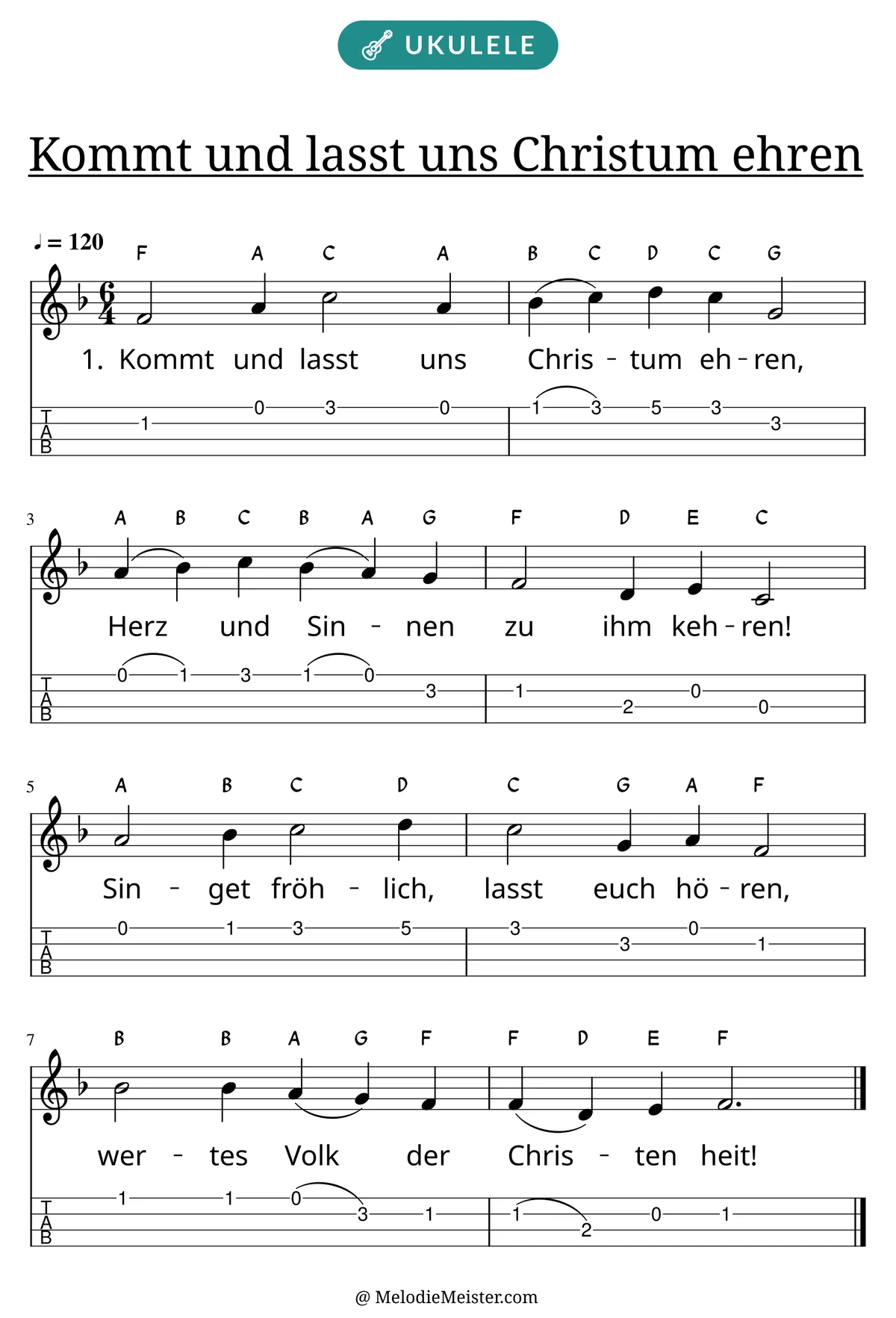 Notenblatt „Kommt und lasst uns Christum ehren“ für Ukulele: Melodie mit Buchstaben über den Noten, darunter der Liedtext der 1. Strophe und die Ukulele-Tabulatur mit Bundzahlen.