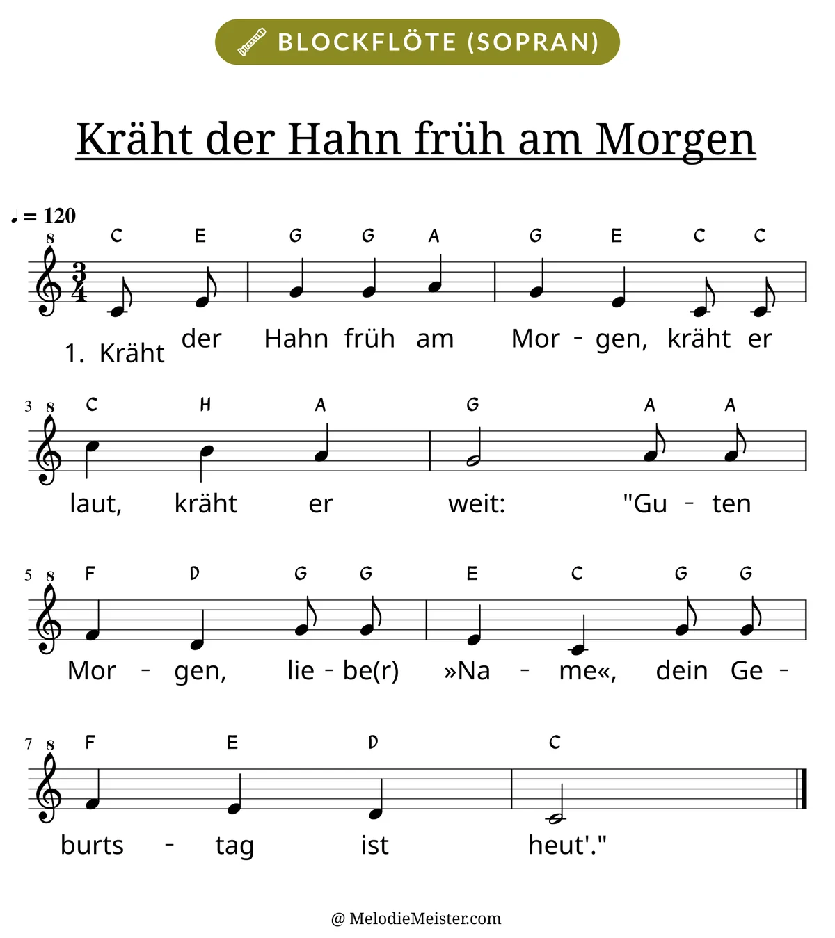 Notenblatt „Kräht der Hahn früh am Morgen“ für Blockflöte: Melodie mit Buchstaben über den Noten, darunter der Liedtext der 1. Strophe.