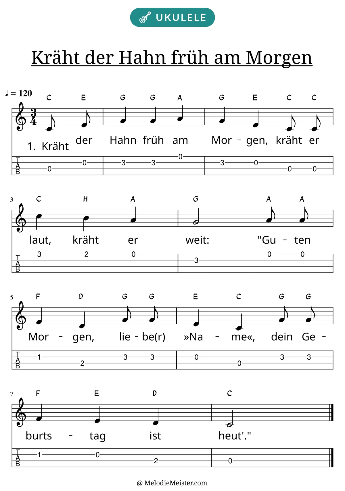 Notenblatt „Kräht der Hahn früh am Morgen“ für Ukulele: Melodie mit Buchstaben über den Noten, darunter der Liedtext der 1. Strophe und die Ukulele-Tabulatur mit Bundzahlen.