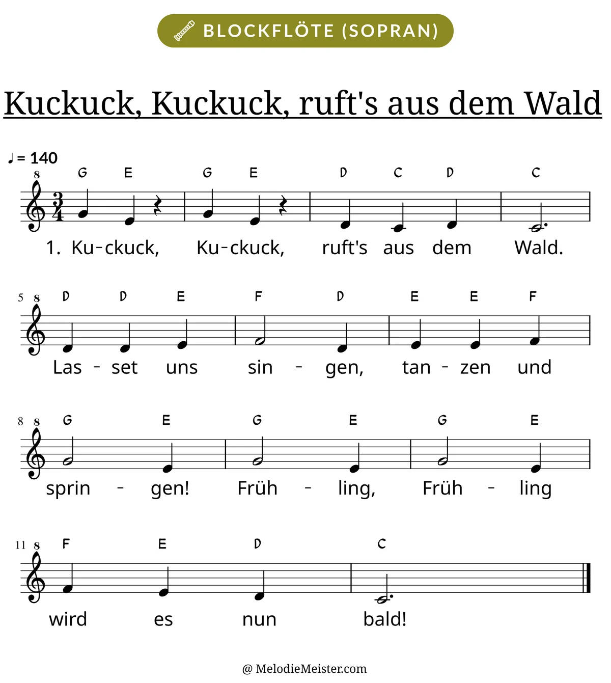 Notenblatt „Kuckuck, Kuckuck, ruft's aus dem Wald“ für Blockflöte: Melodie mit Buchstaben über den Noten, darunter der Liedtext der 1. Strophe.