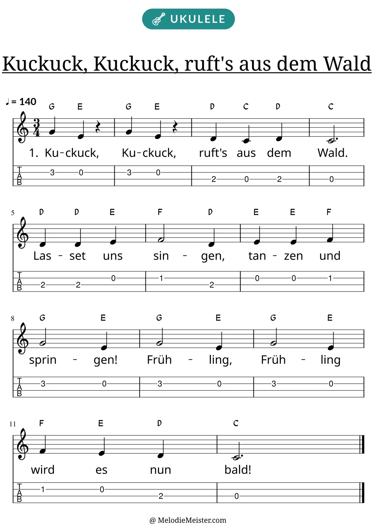 Notenblatt „Kuckuck, Kuckuck, ruft's aus dem Wald“ für Ukulele: Melodie mit Buchstaben über den Noten, darunter der Liedtext der 1. Strophe und die Ukulele-Tabulatur mit Bundzahlen.