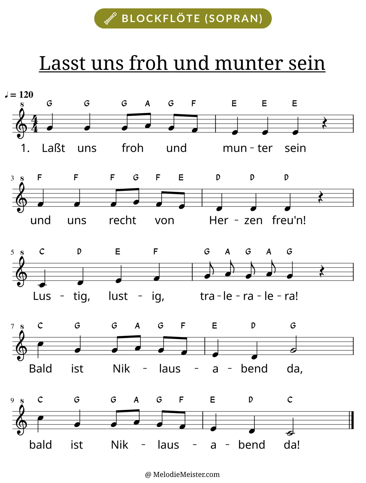 Notenblatt „Lasst uns froh und munter sein“ für Blockflöte: Melodie mit Buchstaben über den Noten, darunter der Liedtext der 1. Strophe.