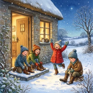 Fröhliche Kinder in Mützen stellen am Abend ihre Stiefel auf die verschneiten Stufen vor einer Haustür, ein Mädchen im roten Mantel hüpft vor Freude.