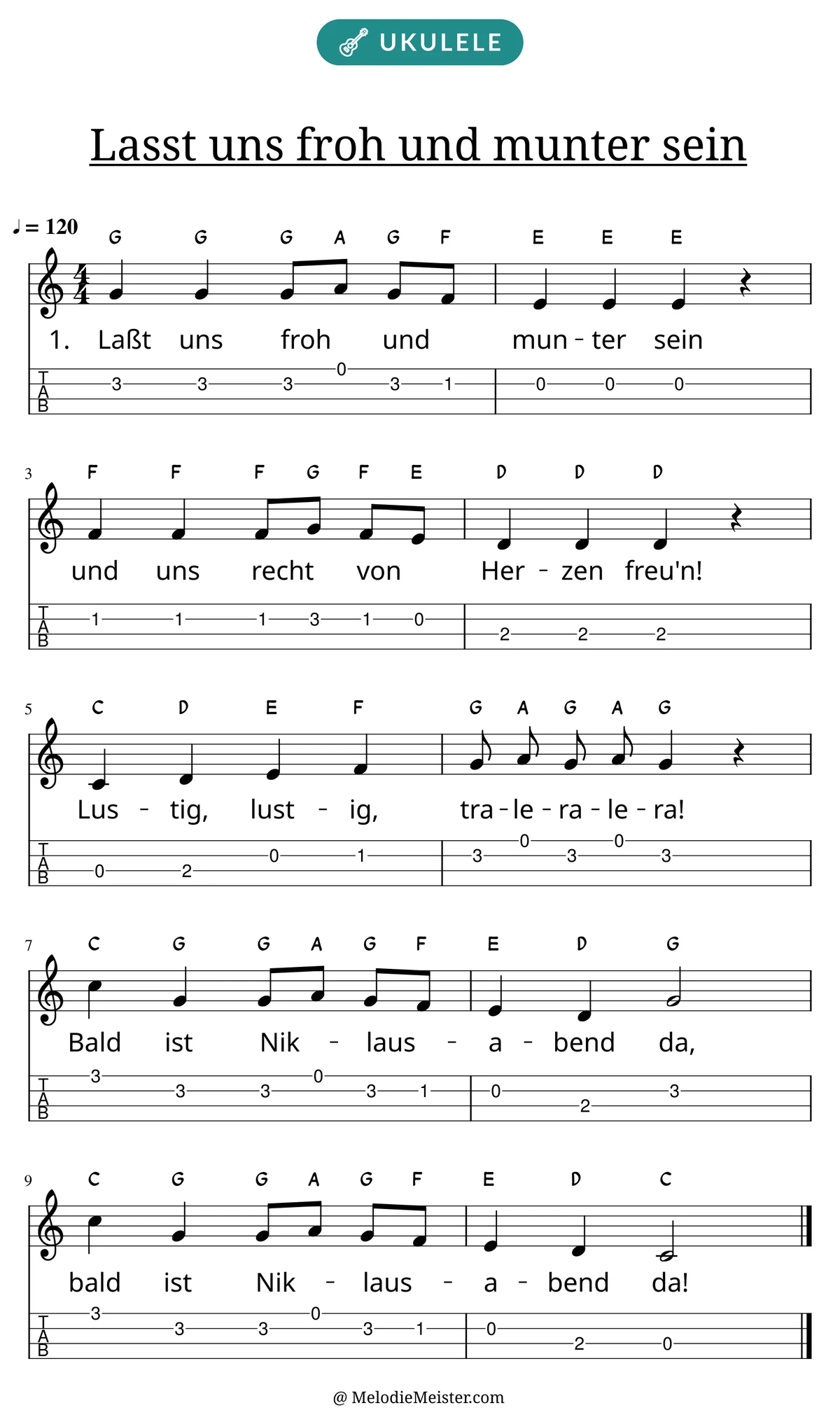 Notenblatt „Lasst uns froh und munter sein“ für Ukulele: Melodie mit Buchstaben über den Noten, darunter der Liedtext der 1. Strophe und die Ukulele-Tabulatur mit Bundzahlen.