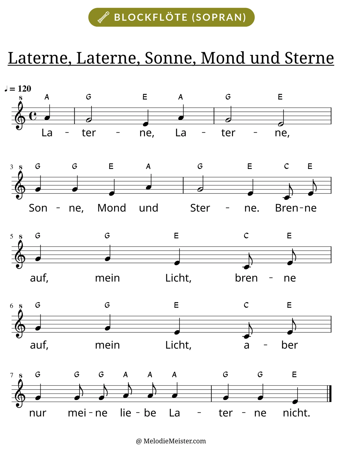 Notenblatt „Laterne, Laterne, Sonne, Mond und Sterne“ für Blockflöte: Melodie mit Buchstaben über den Noten, darunter der Liedtext der 1. Strophe.