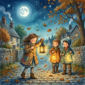 Ein Mädchen und zwei kleinere Kinder gehen mit Laternen in Sonnen- und Mondform durch eine Dorfgasse, über ihnen leuchtet der Vollmond.
