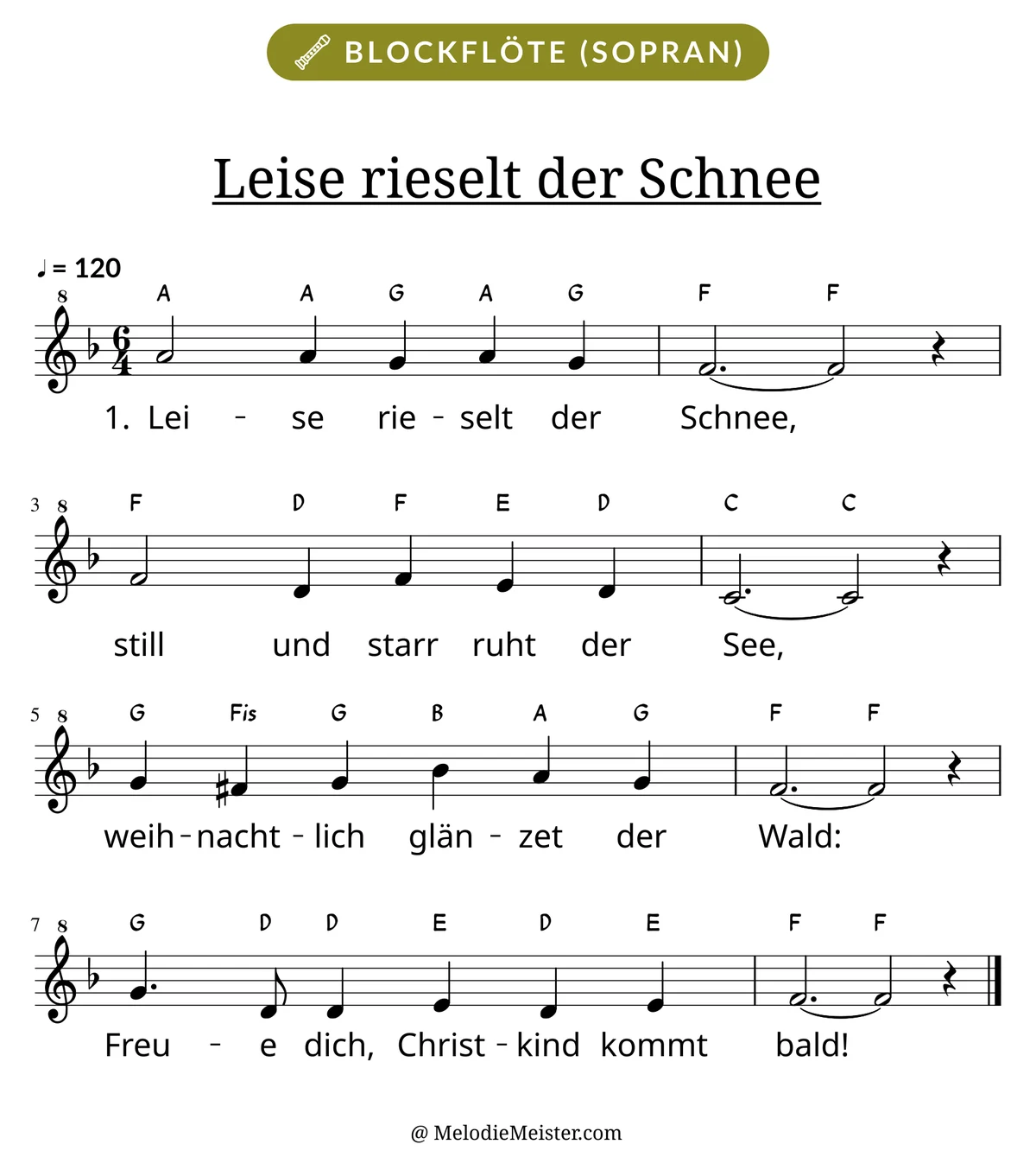 Notenblatt „Leise rieselt der Schnee“ für Blockflöte: Melodie mit Buchstaben über den Noten, darunter der Liedtext der 1. Strophe.