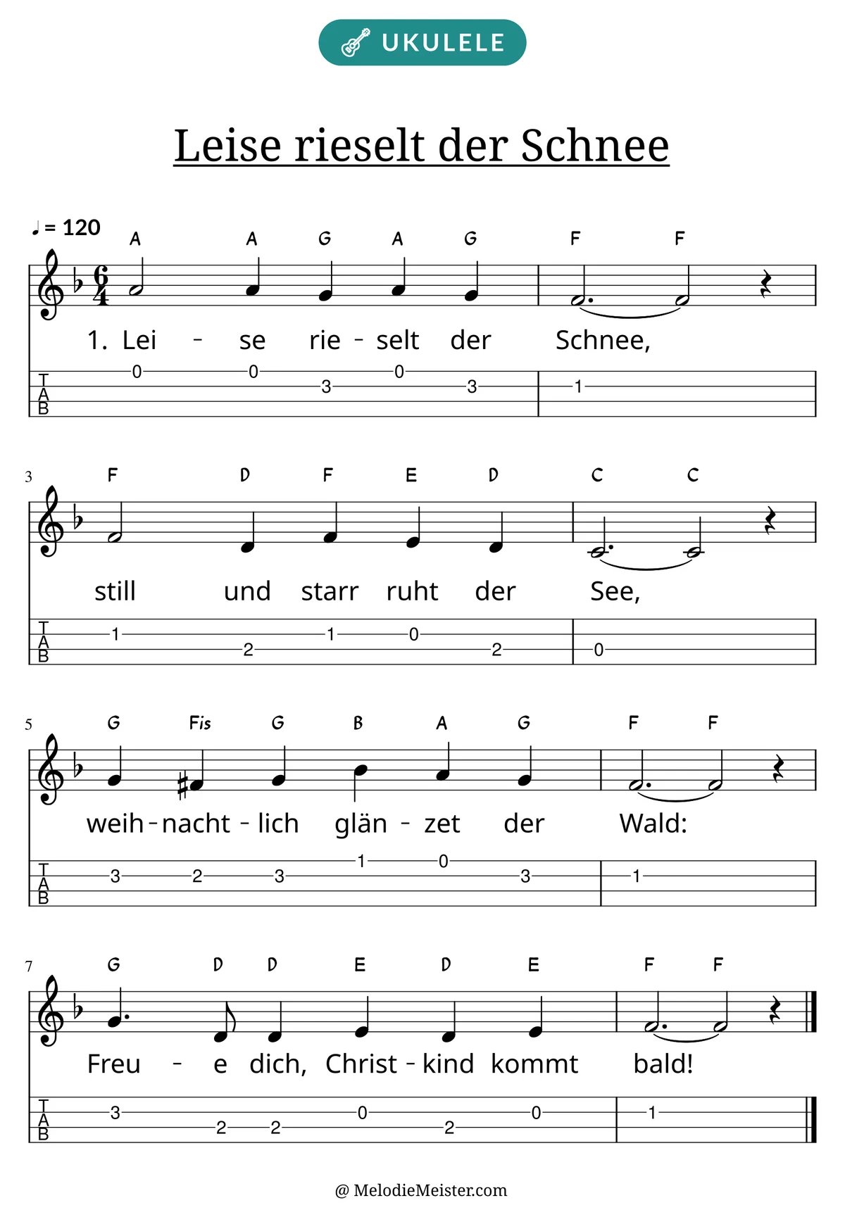 Notenblatt „Leise rieselt der Schnee“ für Ukulele: Melodie mit Buchstaben über den Noten, darunter der Liedtext der 1. Strophe und die Ukulele-Tabulatur mit Bundzahlen.
