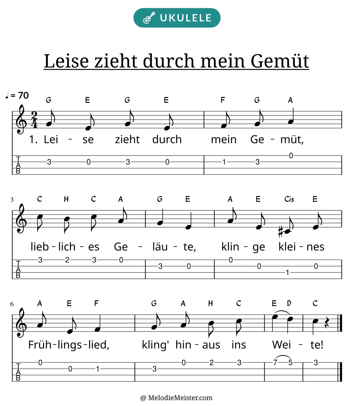 Notenblatt „Leise zieht durch mein Gemüt“ für Ukulele: Melodie mit Buchstaben über den Noten, darunter der Liedtext der 1. Strophe und die Ukulele-Tabulatur mit Bundzahlen.