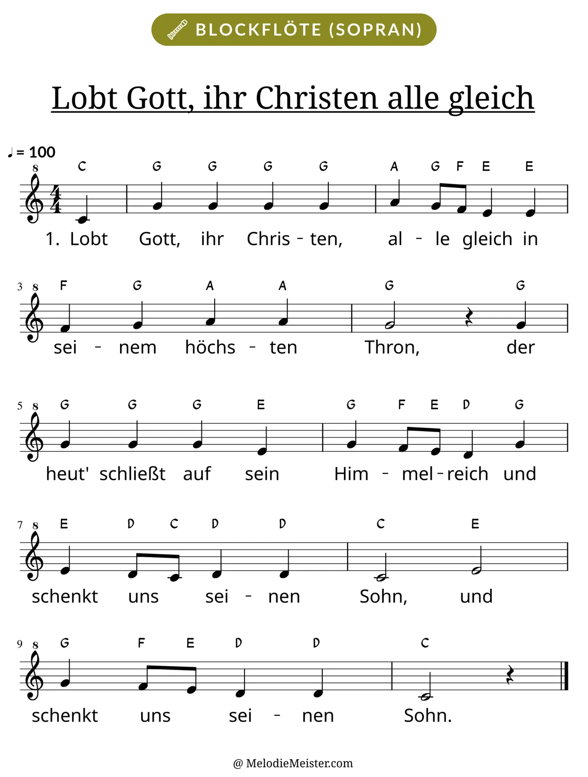 Notenblatt „Lobt Gott, ihr Christen alle gleich“ für Blockflöte: Melodie mit Buchstaben über den Noten, darunter der Liedtext der 1. Strophe.