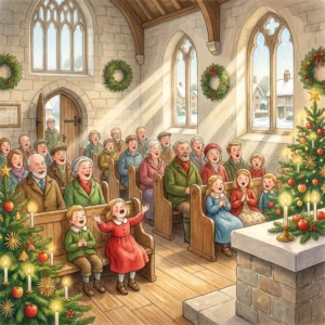 Die Gemeinde singt fröhlich in einer hellen Dorfkirche mit Kränzen und geschmückten Christbäumen, Sonnenlicht fällt durch die hohen Fenster.