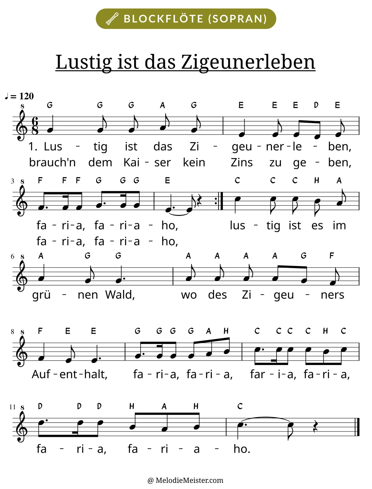 Notenblatt „Lustig ist das Zigeunerleben“ für Blockflöte: Melodie mit Buchstaben über den Noten, darunter der Liedtext der ersten beiden Strophen.