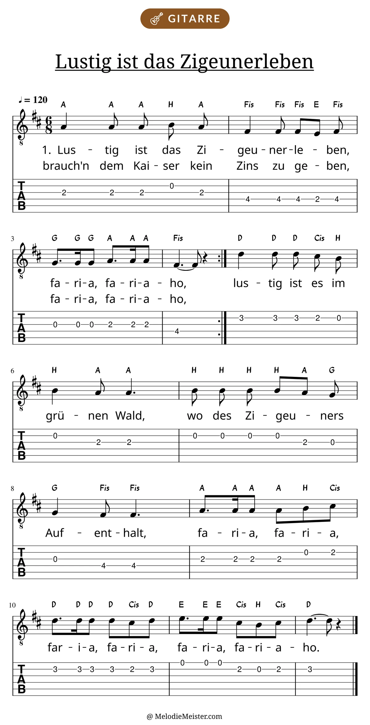 Notenblatt „Lustig ist das Zigeunerleben“ für Gitarre: Melodie mit Buchstaben über den Noten, darunter der Liedtext der ersten beiden Strophen und die Gitarren-Tabulatur mit Bundzahlen.
