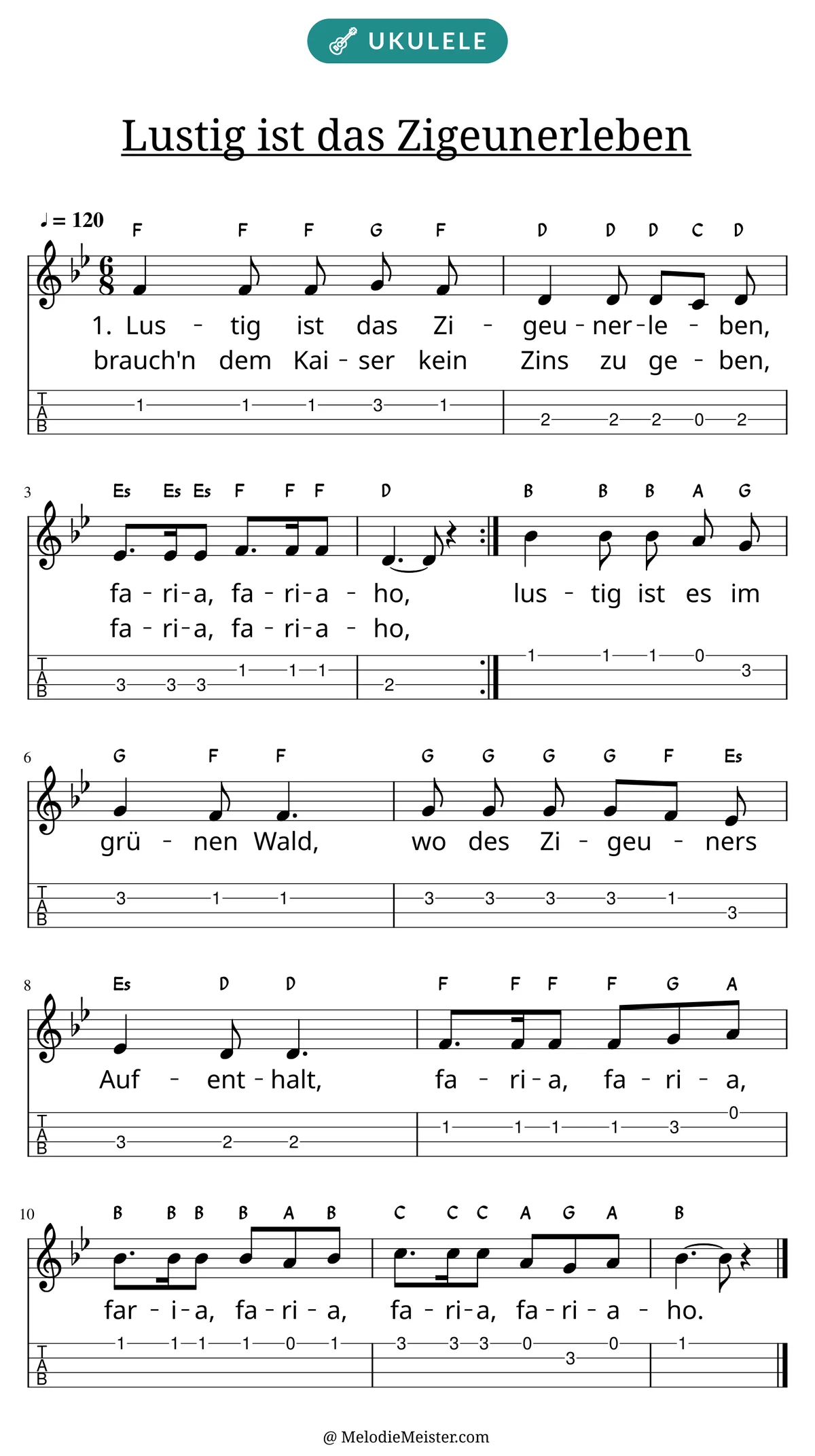 Notenblatt „Lustig ist das Zigeunerleben“ für Ukulele: Melodie mit Buchstaben über den Noten, darunter der Liedtext der ersten beiden Strophen und die Ukulele-Tabulatur mit Bundzahlen.