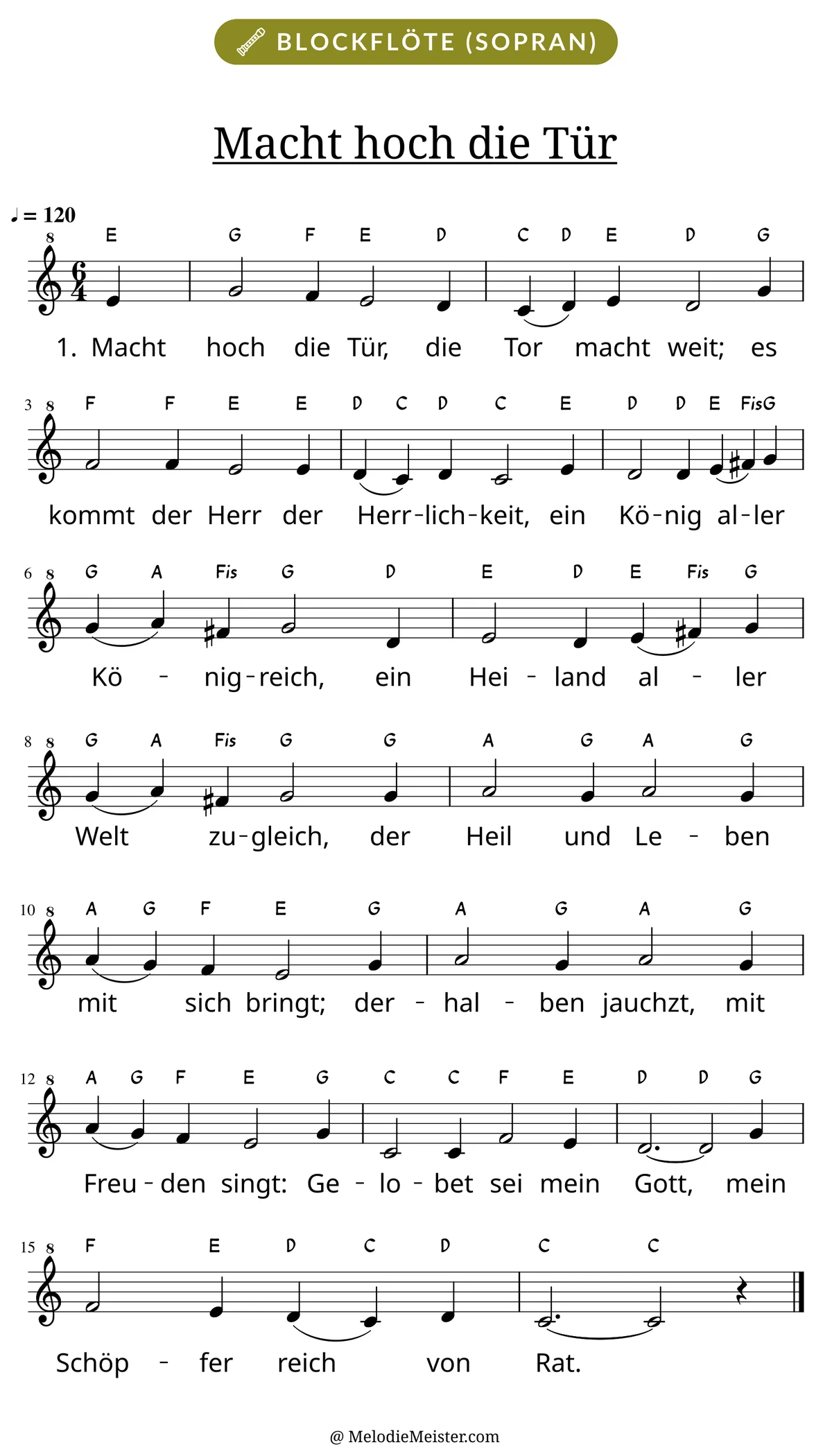 Notenblatt „Macht hoch die Tür“ für Blockflöte: Melodie mit Buchstaben über den Noten, darunter der Liedtext der 1. Strophe.