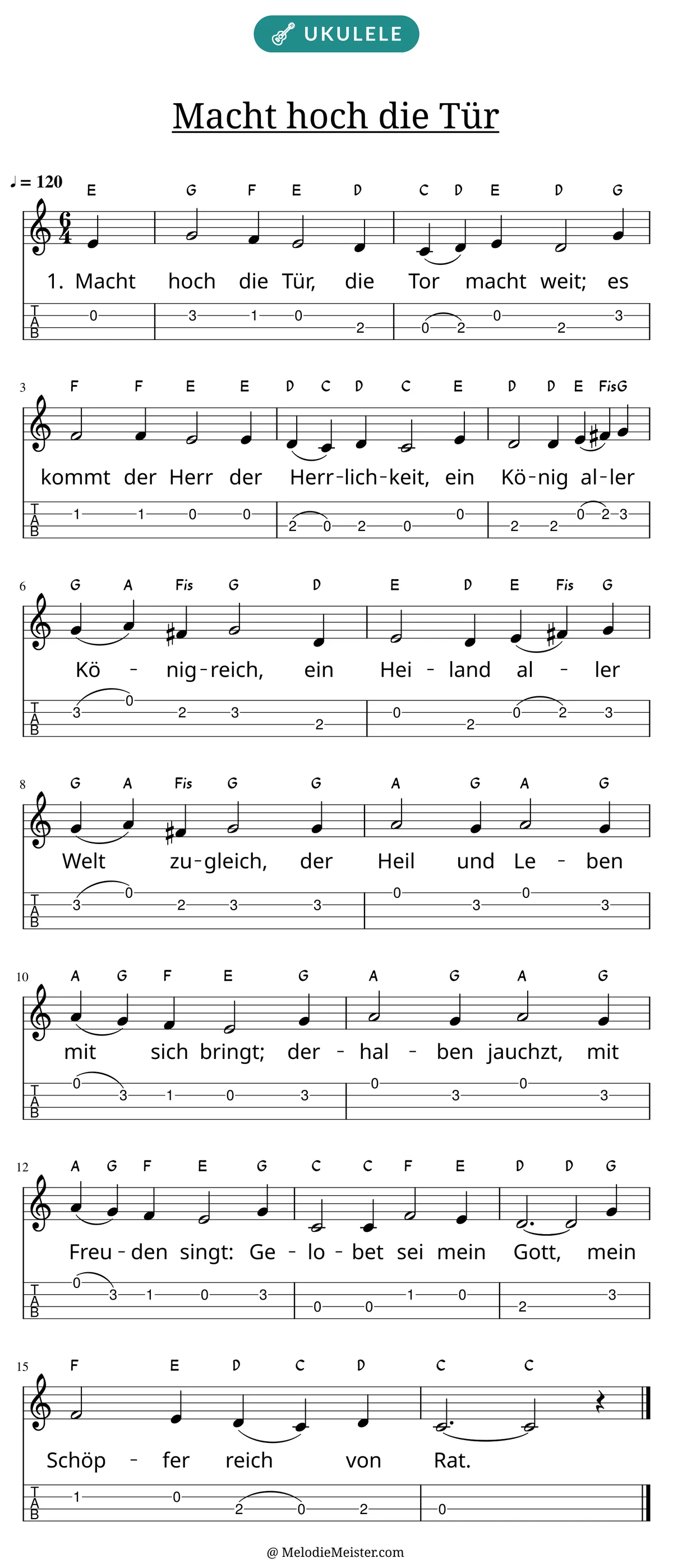 Notenblatt „Macht hoch die Tür“ für Ukulele: Melodie mit Buchstaben über den Noten, darunter der Liedtext der 1. Strophe und die Ukulele-Tabulatur mit Bundzahlen.