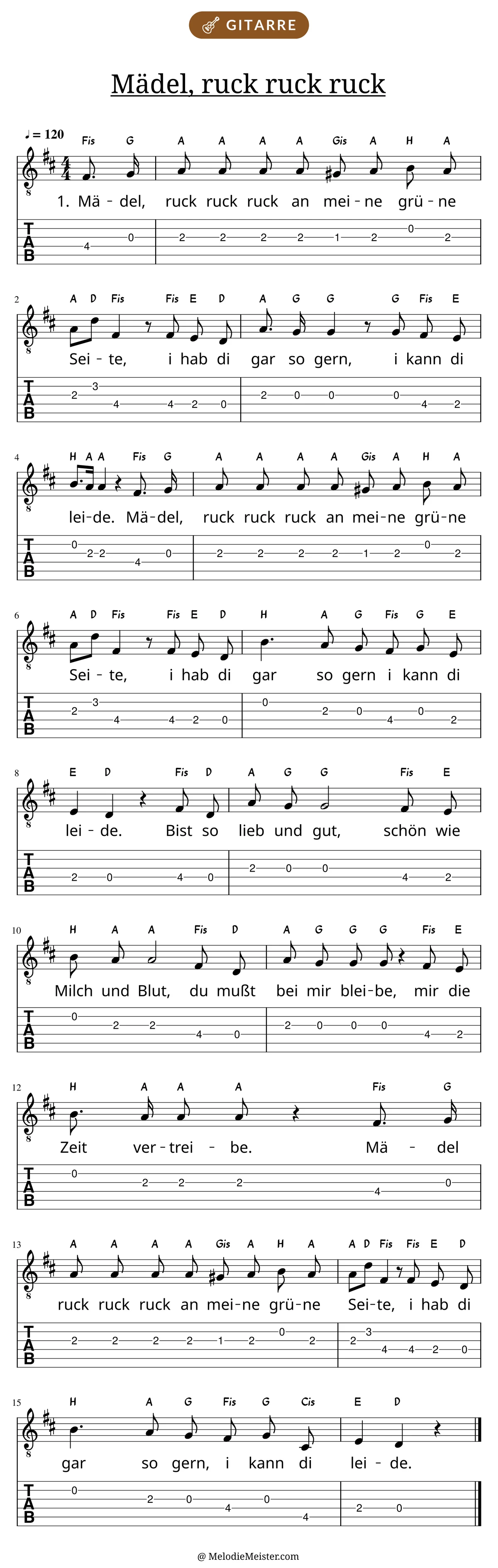 Notenblatt „Mädel, ruck ruck ruck“ für Gitarre: Melodie mit Buchstaben über den Noten, darunter der Liedtext der 1. Strophe und die Gitarren-Tabulatur mit Bundzahlen.