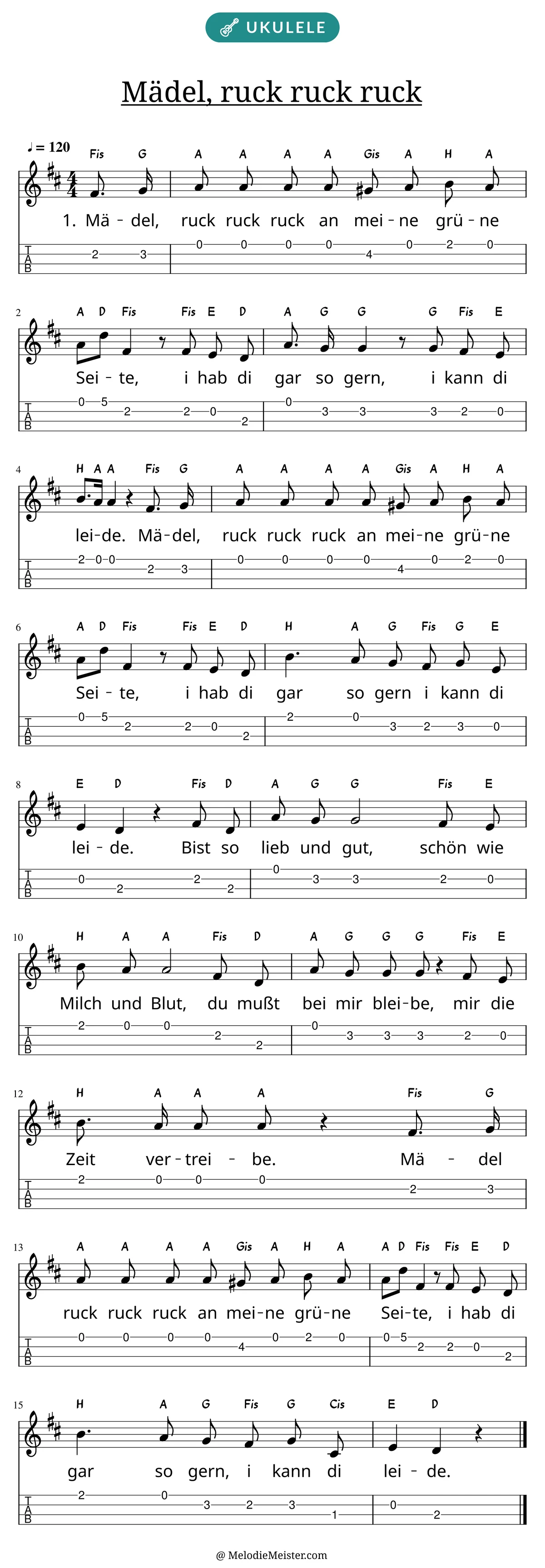 Notenblatt „Mädel, ruck ruck ruck“ für Ukulele: Melodie mit Buchstaben über den Noten, darunter der Liedtext der 1. Strophe und die Ukulele-Tabulatur mit Bundzahlen.