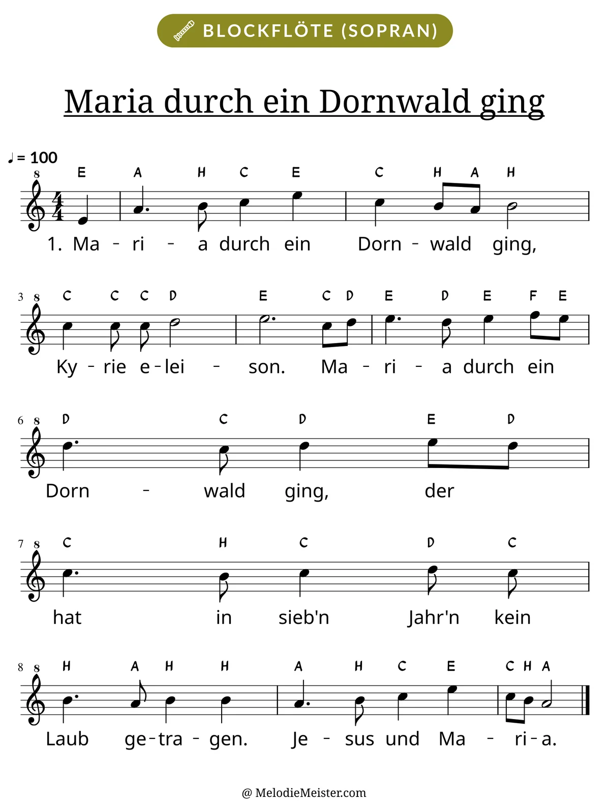 Notenblatt „Maria durch ein Dornwald ging“ für Blockflöte: Melodie mit Buchstaben über den Noten, darunter der Liedtext der 1. Strophe.
