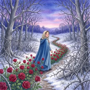 Maria im langen blauen Mantel geht durch einen verschneiten, kahlen Dornenwald; hinter ihr blühen entlang des Weges rote Rosen, violetter Abendhimmel.