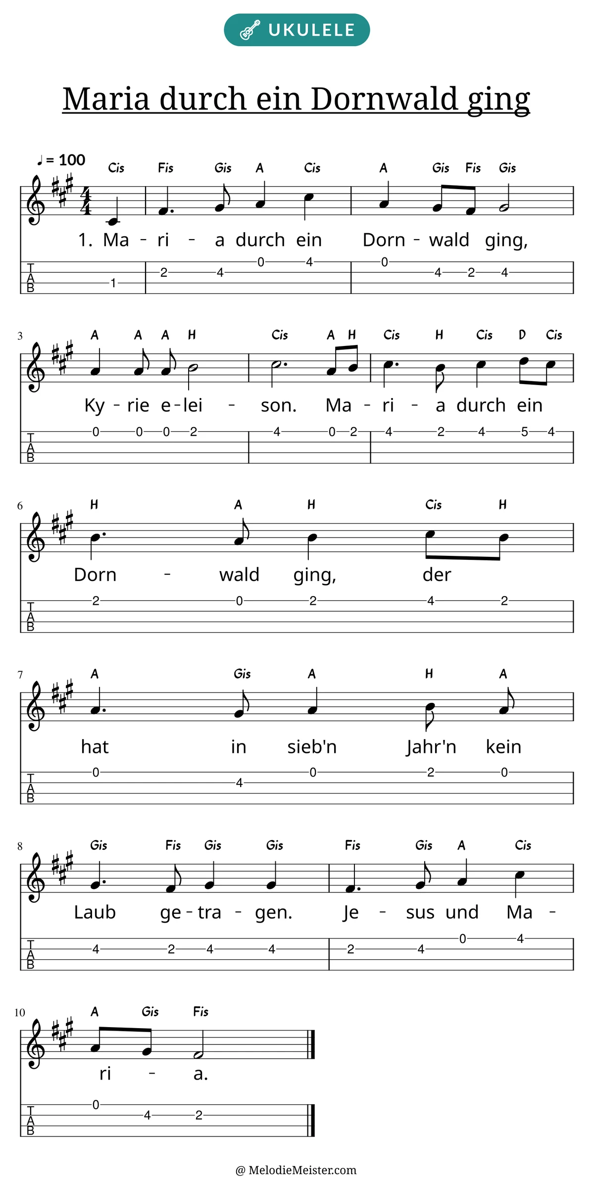 Notenblatt „Maria durch ein Dornwald ging“ für Ukulele: Melodie mit Buchstaben über den Noten, darunter der Liedtext der 1. Strophe und die Ukulele-Tabulatur mit Bundzahlen.
