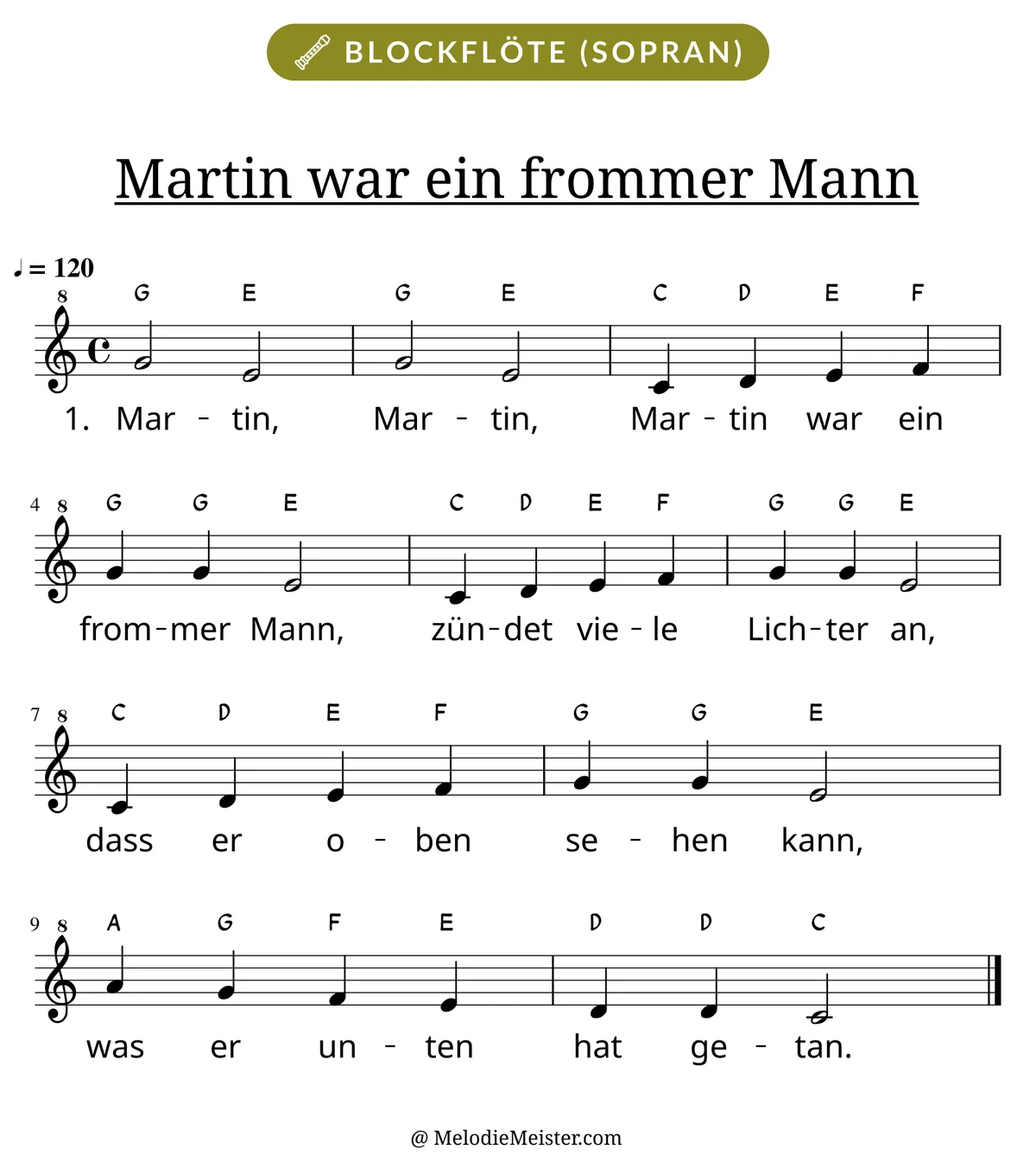Notenblatt „Martin war ein frommer Mann“ für Blockflöte: Melodie mit Buchstaben über den Noten, darunter der Liedtext der 1. Strophe.