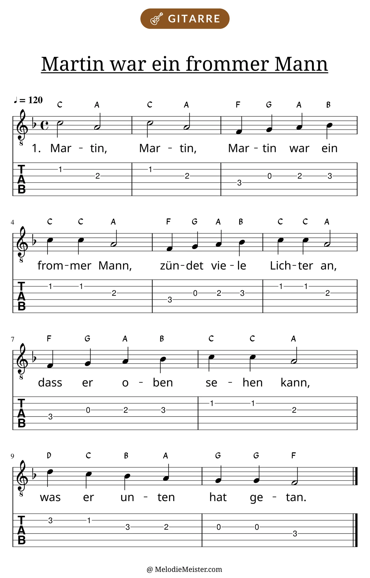 Notenblatt „Martin war ein frommer Mann“ für Gitarre: Melodie mit Buchstaben über den Noten, darunter der Liedtext der 1. Strophe und die Gitarren-Tabulatur mit Bundzahlen.