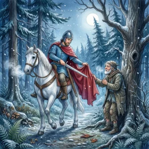 Sankt Martin auf einem Schimmel reicht in einem verschneiten Mondscheinwald einem Bettler die Hälfte seines roten Mantels.