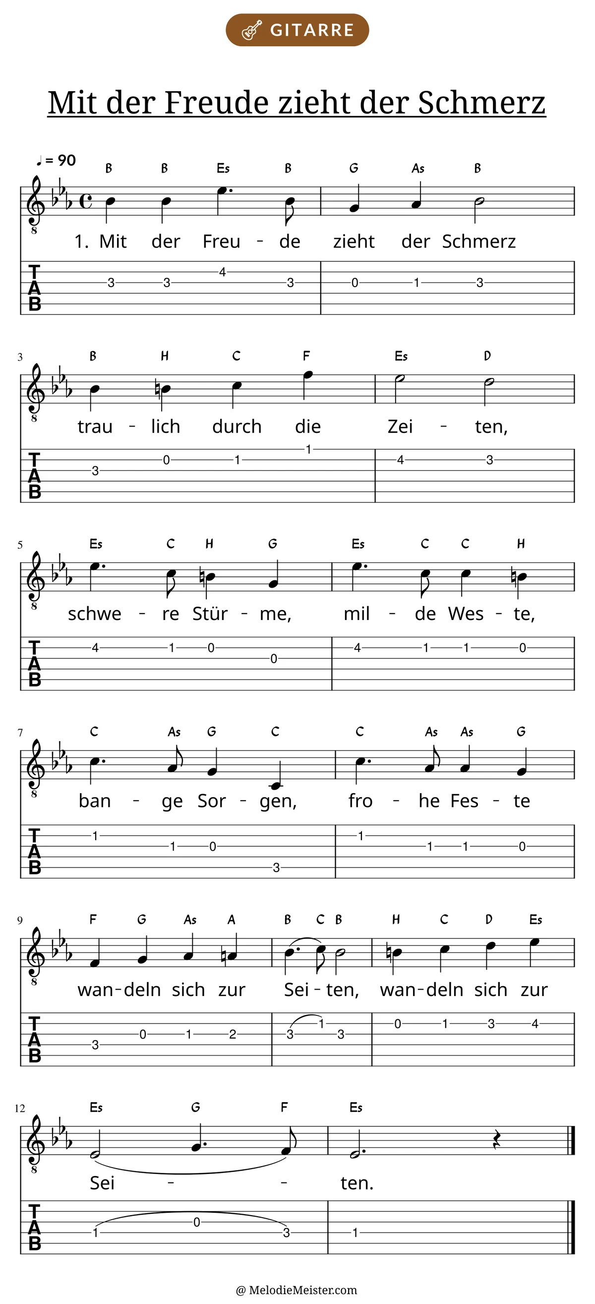 Notenblatt „Mit der Freude zieht der Schmerz“ für Gitarre: Melodie mit Buchstaben über den Noten, darunter der Liedtext der 1. Strophe und die Gitarren-Tabulatur mit Bundzahlen.