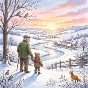 Ein Großvater und ein Kind stehen Hand in Hand auf einem verschneiten Hügel und schauen dem Sonnenaufgang über einem Tal mit Fluss und Dorf zu, ein Fuchs schleicht vorbei.