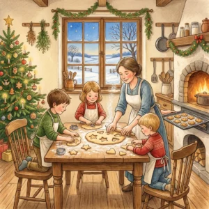 Drei Kinder stechen mit ihrer Mutter am Küchentisch Plätzchen aus, im Ofen glüht das Feuer, neben dem Fenster steht ein Weihnachtsbaum.