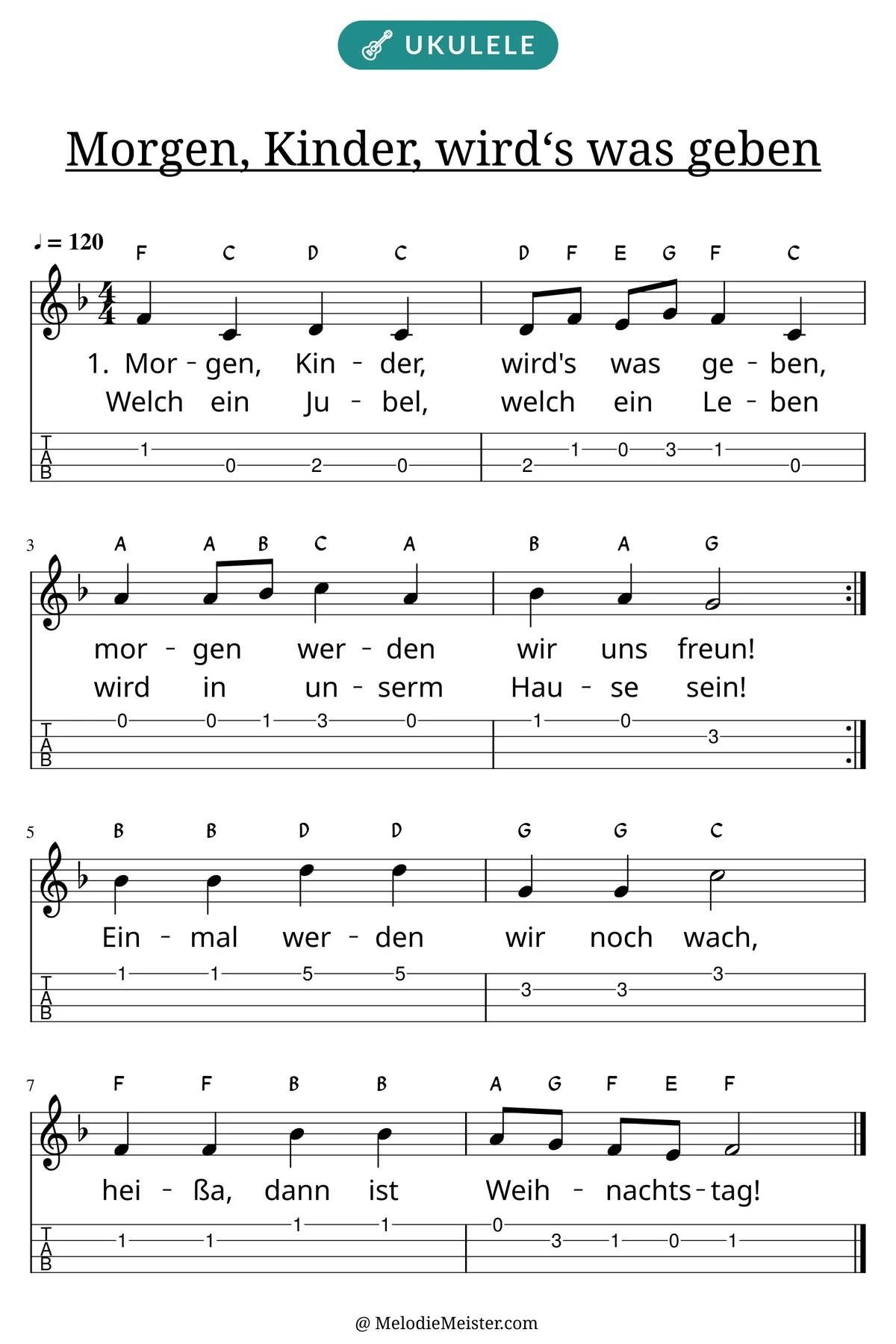 Notenblatt „Morgen, Kinder, wird‘s was geben“ für Ukulele: Melodie mit Buchstaben über den Noten, darunter der Liedtext der ersten beiden Strophen und die Ukulele-Tabulatur mit Bundzahlen.