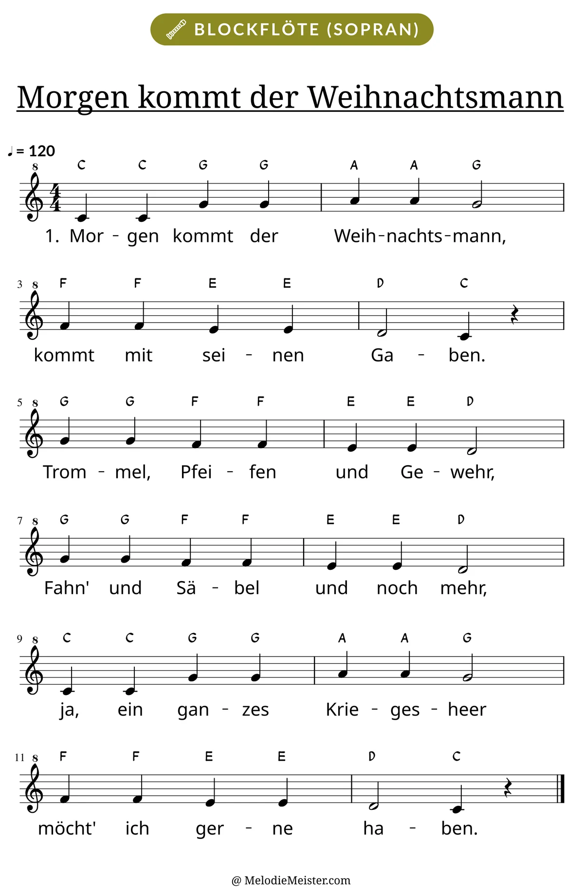 Notenblatt „Morgen kommt der Weihnachtsmann“ für Blockflöte: Melodie mit Buchstaben über den Noten, darunter der Liedtext der 1. Strophe.