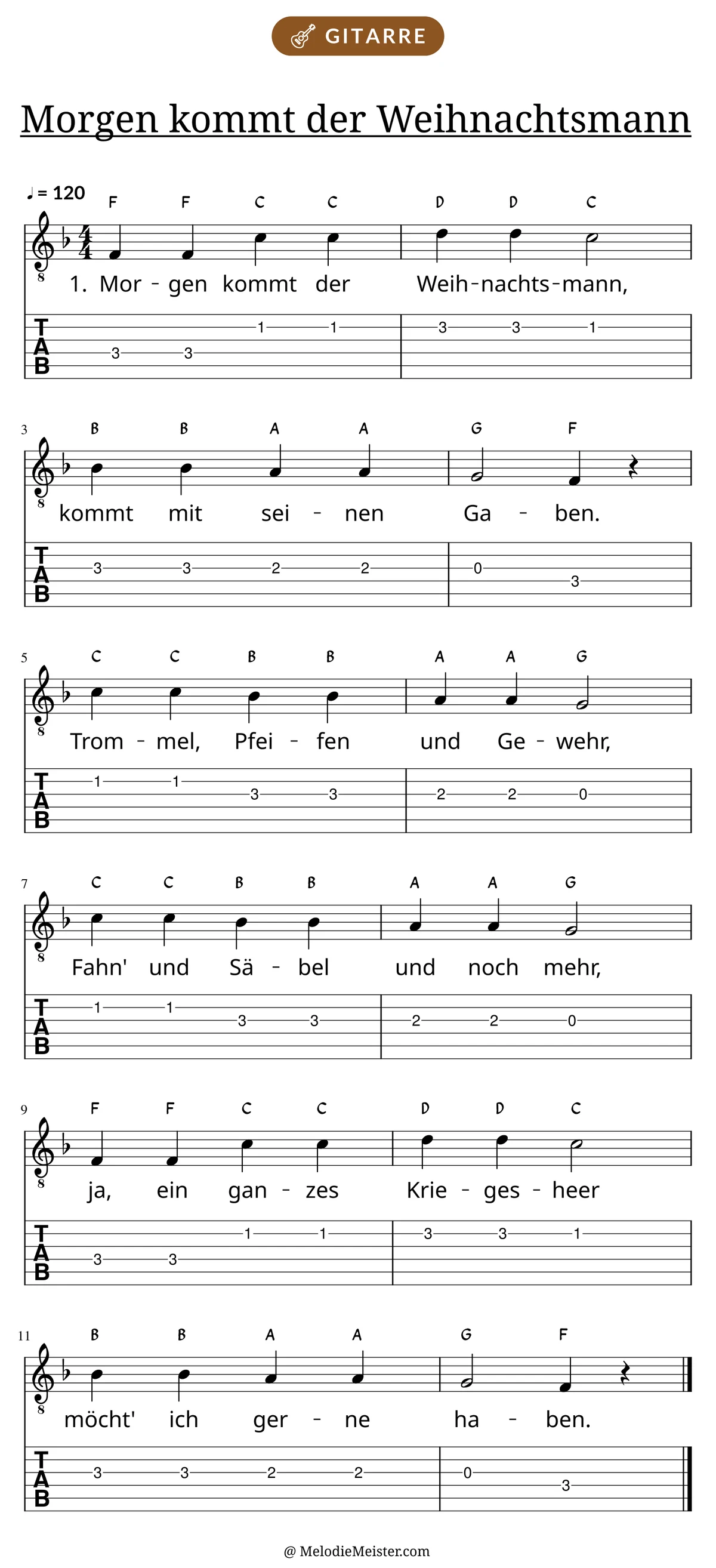 Notenblatt „Morgen kommt der Weihnachtsmann“ für Gitarre: Melodie mit Buchstaben über den Noten, darunter der Liedtext der 1. Strophe und die Gitarren-Tabulatur mit Bundzahlen.