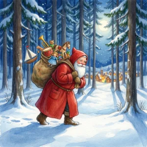 Der Weihnachtsmann im roten Mantel stapft nachts durch einen verschneiten Tannenwald, auf dem Rücken einen Sack voller Holzspielzeug, vorne leuchten die Lichter eines Dorfes.