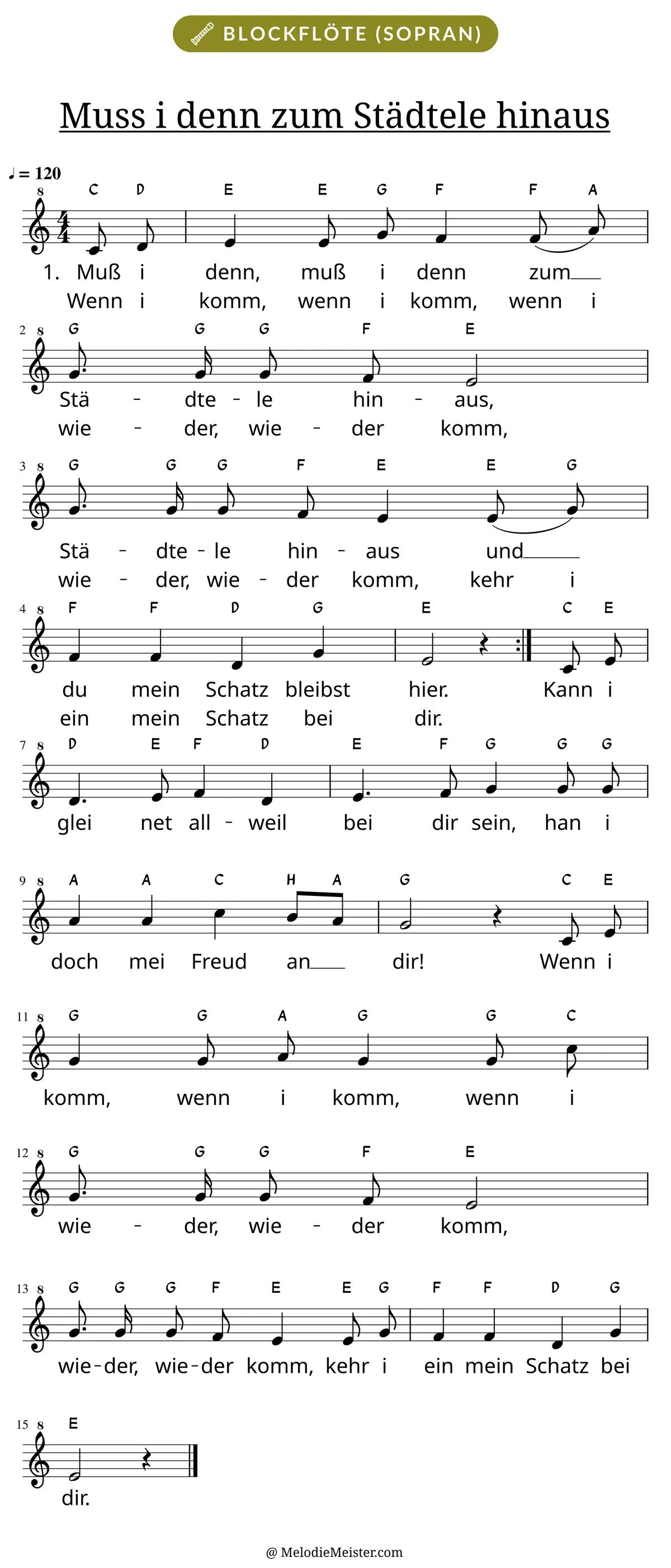 Notenblatt „Muss i denn zum Städtele hinaus“ für Blockflöte: Melodie mit Buchstaben über den Noten, darunter der Liedtext der ersten beiden Strophen.