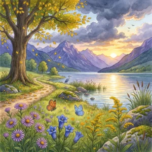 Ein Seeufer im Spätherbst mit Astern und Enzian, dahinter Berge unter dunklen Wolken und der Abendsonne.