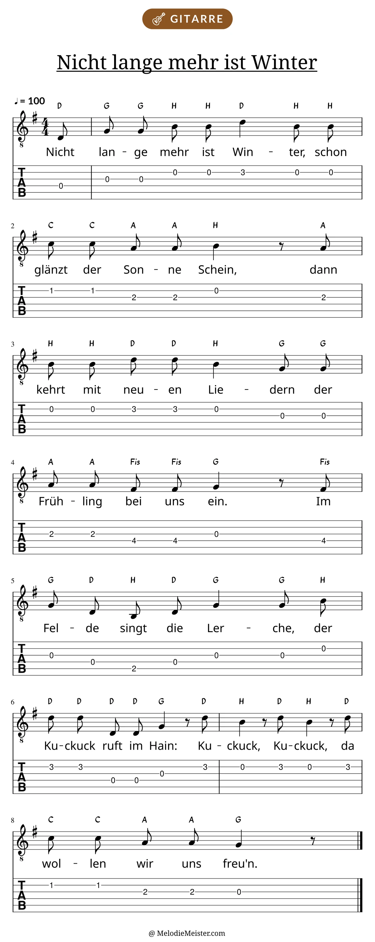Notenblatt „Nicht lange mehr ist Winter“ für Gitarre: Melodie mit Buchstaben über den Noten, darunter der Liedtext und die Gitarren-Tabulatur mit Bundzahlen.